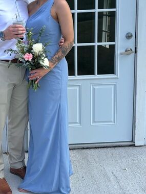 Azazie Dusty Blue Sheath Pleated Ruffle Chiffon Dress
